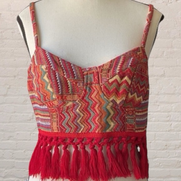 Cider Tops - $10$ add on Cider Red Fringe tapestry bustier Crop Top Size M